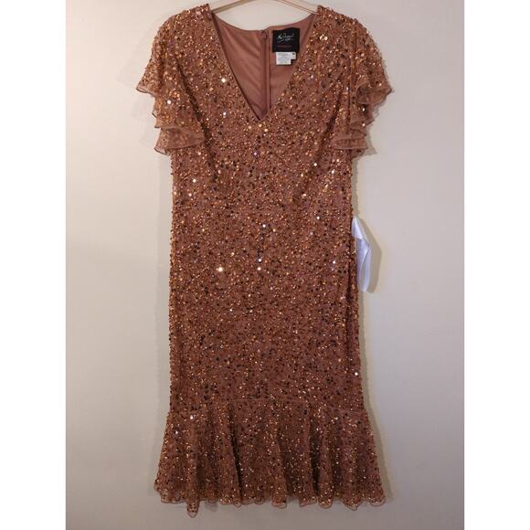 New Mac Duggal Sz 14 Pink Rose Gold Flutter Sleeve V-Neck Sequin Midi Dress - Picture 3 of 8
